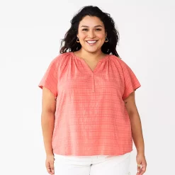 Plus Size Sonoma Goods For Life® Flutter Sleeve Y-Neck Top -Sonoma Goods For Life Shop 5929300 Coral