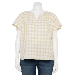 Plus Size Sonoma Goods For Life® Flutter Sleeve Y-Neck Top -Sonoma Goods For Life Shop 5929300 Ecru Gingham