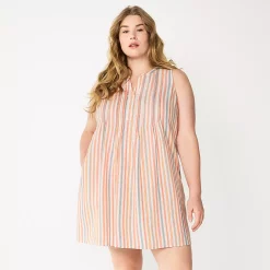 Plus Size Sonoma Goods For Life® Sleeveless Pintuck Tank Dress -Sonoma Goods For Life Shop 6193865 Beige Multi Stripe